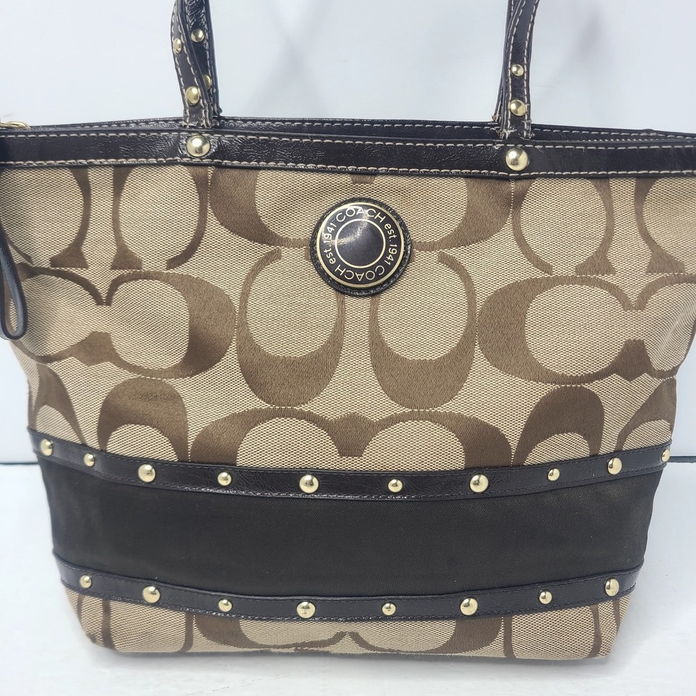 COACH Signature Stripe Studded Brown Tote Handbag Monogram C Pattern F20014 - Picture 2 of 10